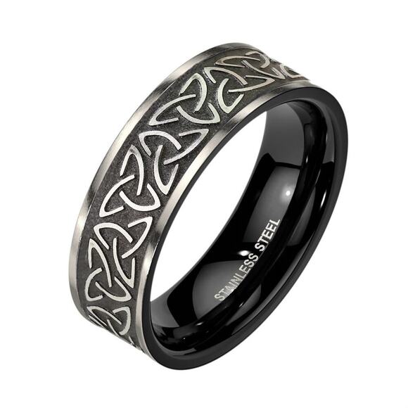 Tribal Celtic Trinity Knot Black Stainless Steel Ring 8mm width Size 9 - Picture 2 of 3